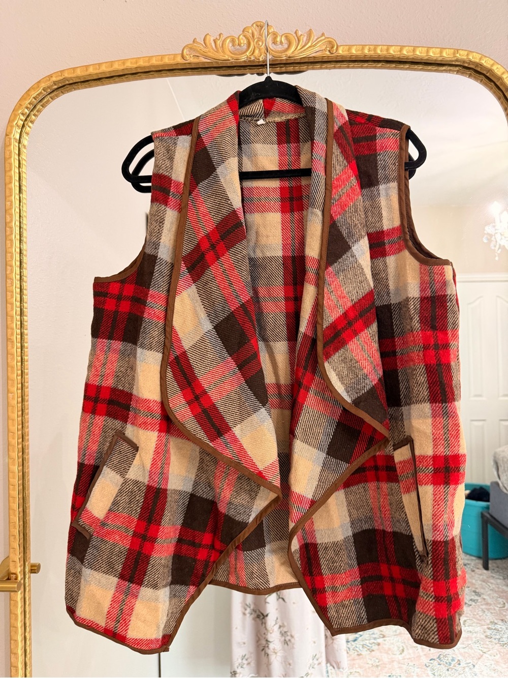 SHEIN Red, Brown & Cream Plaid Open-Front Vest